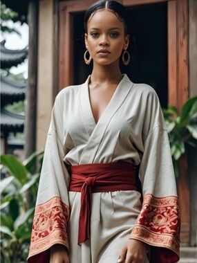 Authentic Kimono Robe with Contrasting Champagne and Red